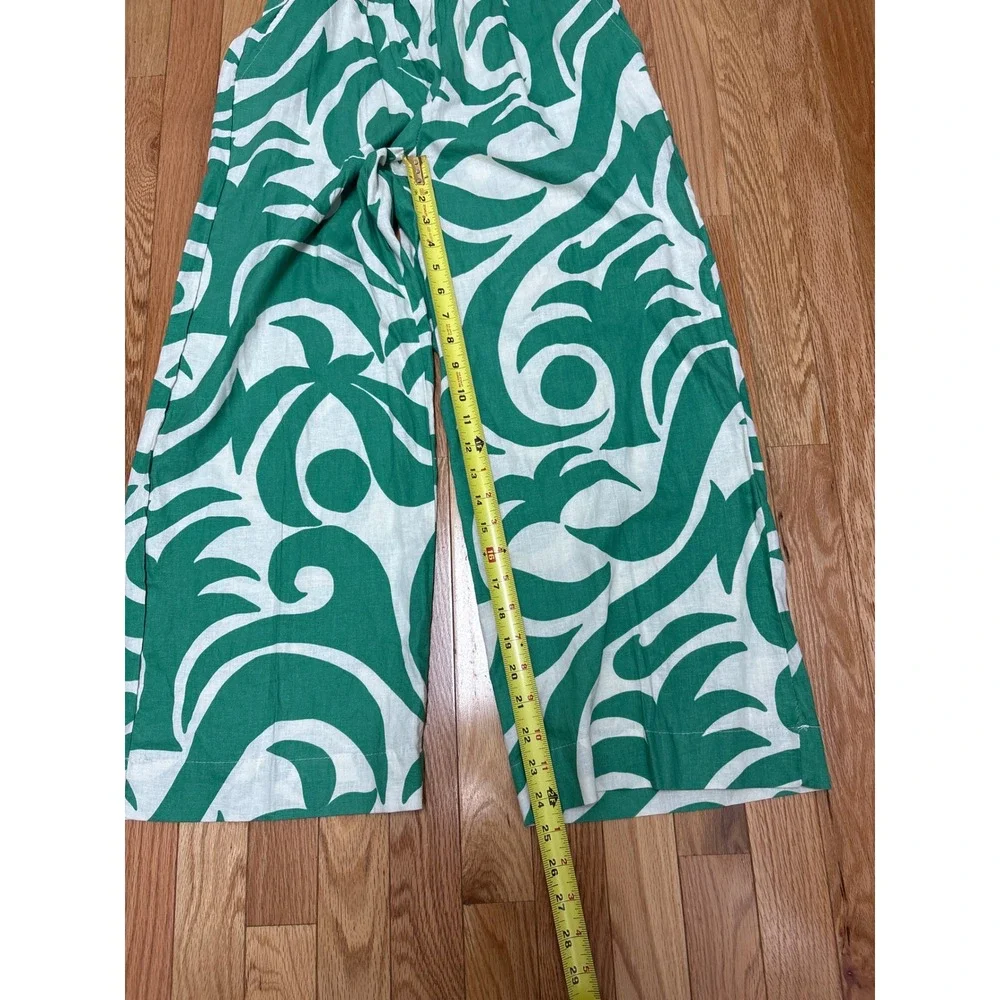 Green & White Abstract Wide Leg Elastic Waistband Lightweight Linen - Size XS